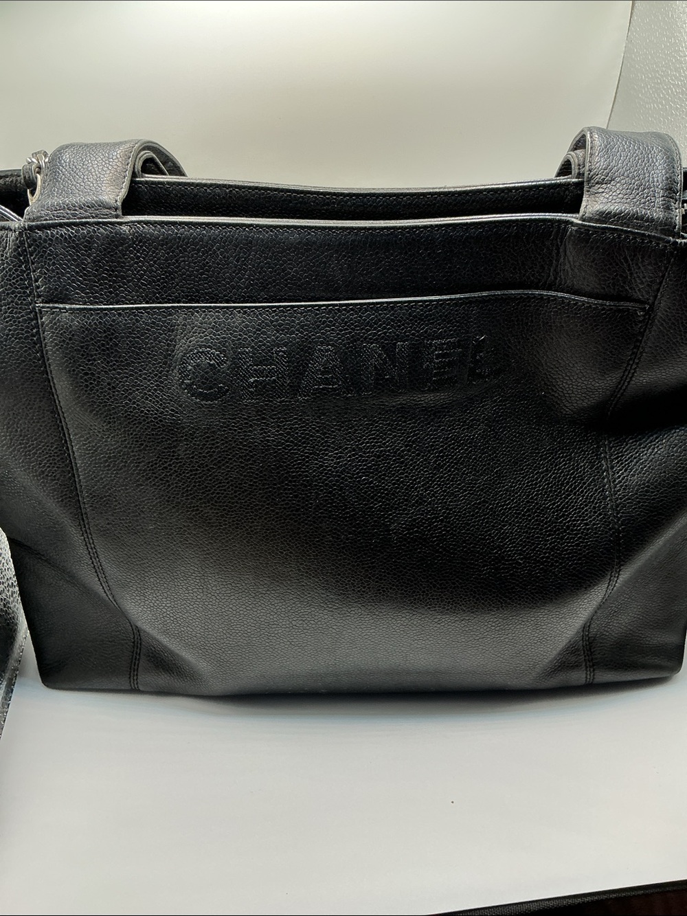 CHANEL Black Leather Brief Tote with Top Zip